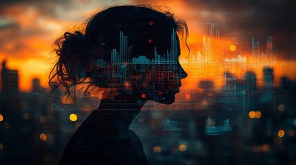 Poster - Silhouette against a vibrant sunset with city skyline and digital overlay of data patterns