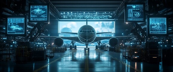 Aufkleber - A commercial airplane sits in a hangar, its nose pointed towards the open hangar door. The airplane is surrounded by large, digital screens displaying flight data.