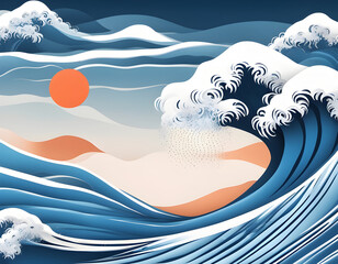 Blue water wave line pattern background. Vector illustration. Japanese style concept.