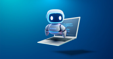 Cute AI robot floating over laptop with coding on screen, symbolizing artificial intelligence and automation. Digital assistant, artificial intelligence. Vector illustration