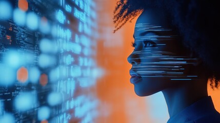 Poster - AI cyber security threat, female African American IT specialist analyzing futuristic holographic data information. blue & orange color, segmented reality artificial intelligence concept banner 