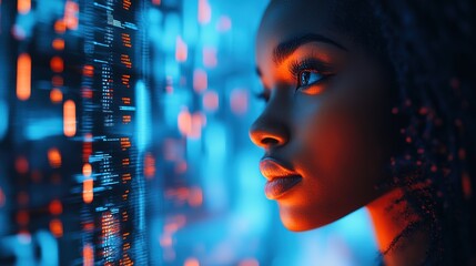 Poster - AI cyber security threat, female African American IT specialist analyzing futuristic holographic data information. blue & orange color, segmented reality artificial intelligence concept banner 