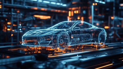 Aufkleber - A futuristic car in a manufacturing facility.