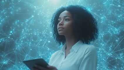 Poster - Young Woman Holding Tablet in Digital Network Environment