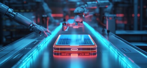 Poster - A futuristic factory assembly line with a robotic arm reaching towards a glowing smartphone on a conveyor belt.