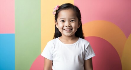 southeast asian kid girl colorful background wearing plain white tshirt smiling happy portrait