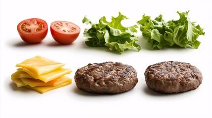 Burger Ingredients: Two juicy patties, cheese slices, lettuce, and tomato halves, ready to be assembled into a mouthwatering burger.  