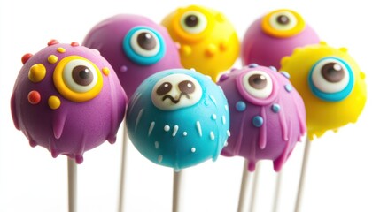 Monster eyeball cake pops with colorful icing and candy eyes, isolated on white background