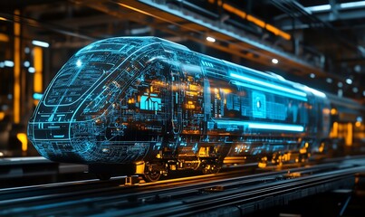 Fototapete - A futuristic train, rendered in a wireframe style, with glowing blue lines, stands on a track in a modern industrial setting.