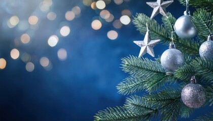 Wall Mural - christmas tree decorations and glowing lights on defocused blue background