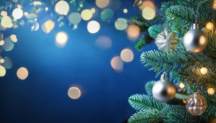Wall Mural - christmas tree decorations and glowing lights on defocused blue background