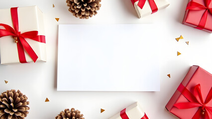 Aufkleber - White background showcases Christmas gifts in a festive flat lay setup with a Christmas card at the center.