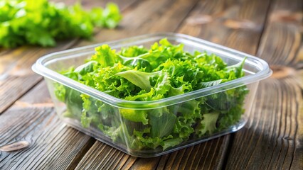 Wall Mural - Chopped lettuce and herbs in a plastic container with depth of field.