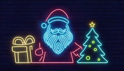 Wall Mural - neon chirsmas santa claus, christmas tree and christmas gift symbols on brick wall