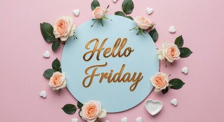 Poster - Flowers with greeting Hello Friday on a pastel background displaying beautiful roses and decorative hearts