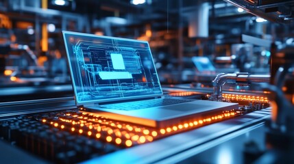 Aufkleber - A laptop with a blue glowing screen sits on a futuristic assembly line.
