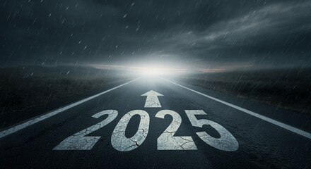 Poster - Road leading into future 2025 with dark stormy sky and light ahead