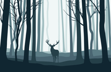 Wall Mural - vector blue forest landscape with silhouettes of trees and deer