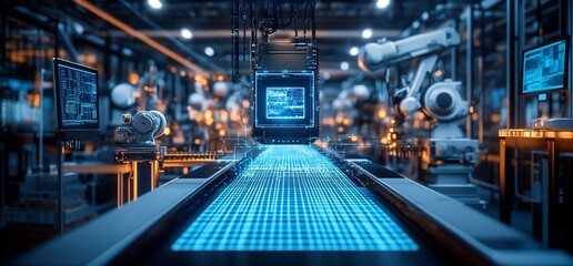Fototapete - A modern factory with robotic arms and conveyor belts.