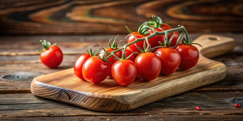 Wall Mural - Cherry tomato branch on wooden cutting board