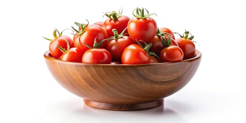 Wall Mural - Cherry tomatoes in brown bowl isolated on white background