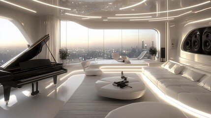 Poster - A modern living room with a grand piano, white furniture, and a panoramic city view.
