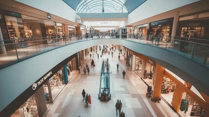 Contemporary mall with a focus on open spaces, bright interiors, and multiple store fronts