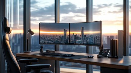 Poster - A modern office workspace with a panoramic view of a city skyline from two large curved monitors.