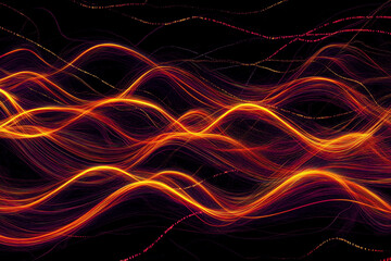 Orange and Yellow abstract energy background with wavy lines and sparkles on black with copy space