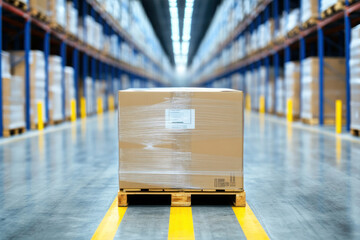 Warehouse scene with a pallet of packaged goods on the floor.