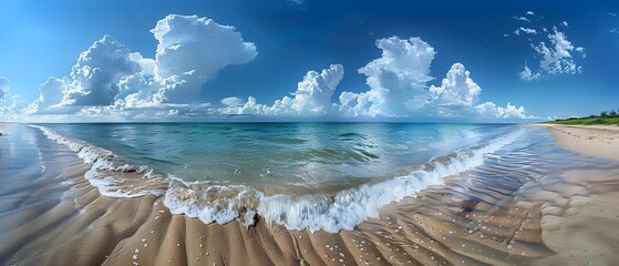 Breathtaking Panoramic View of Tranquil Sandy Beachfront with Calm Turquoise Waters and Cloudy Sky