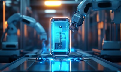 Aufkleber - A robotic arm assembles a smartphone on a factory production line.