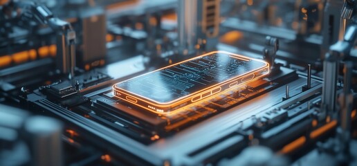 Aufkleber - A smartphone with a glowing orange rim rests on a circuit board, surrounded by industrial machinery.