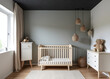 © fotoluigi868 - Scandinavian nursery features modern decor with a grey backdrop, wooden floor, and starry night sky ceiling on a stylish budget.