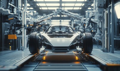 Aufkleber - A white sports car is being assembled on a futuristic assembly line in a factory with robotic arms.