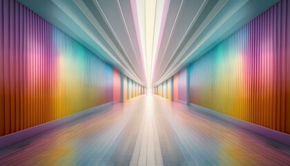 Wall Mural - A multicolor pastel of a long hallway or corridor; a colorful pastel tunnel or passage in a building; whimsical and gnarly  soft pastel colors of a hallway or corridor; architecture photography; cool