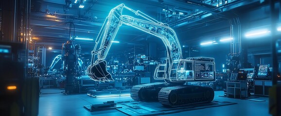 Fototapete - A wireframe of an excavator sits in a factory setting, highlighting its design and mechanics. The blue lighting adds a futuristic and high-tech aesthetic.