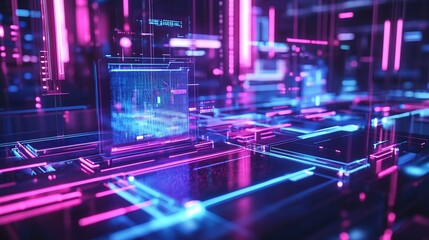 Poster - Abstract digital network with glowing neon lines and data streams.