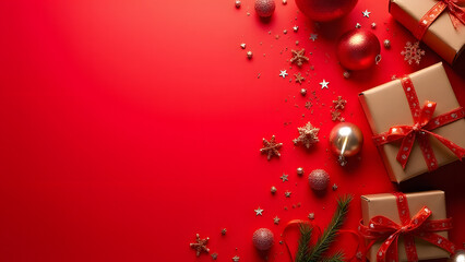 Aufkleber - Red background holds Christmas items in a flat lay with Xmas and New Year elements.