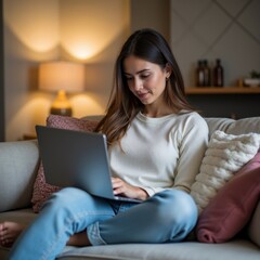 female sitting couch laptop