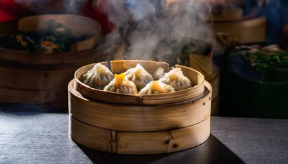 A closeup view of a traditional Chinese Dim Sum in a steamy bamboo steamer; a steaming dim sum in a bamboo  steamer; selective focus; dark background; food photography; shu mai and dumpling; tasty