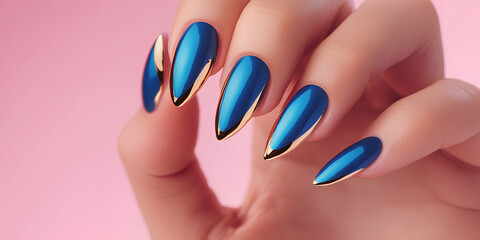 Hand holding a blue manicure with gold accents. The manicure is long and has a sharp point at the end