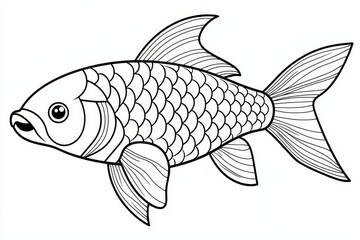 Wall Mural - Black and White Illustration of Fish for Coloring Book, Aquatic Animal Line Art, Underwater Doodle