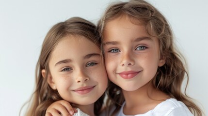 A close-up portrait of two young sisters with blonde hair and striking blue eyes, smiling warmly. One has freckles, and both radiate a sense of innocence, joy, and sibling bond