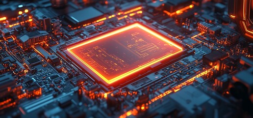 Aufkleber - Close-up of a glowing red circuit board with a central processor.