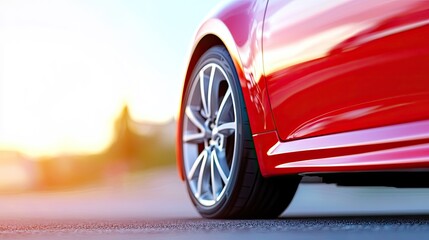 Close-Up of a Red Car Wheel Against a Sunset