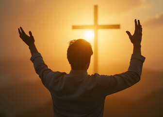 Poster - Human rises with arms up in a spiritual gesture over a blurred cross background of fading light.