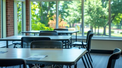 Poster - Several empty tables and chairs stand in a bright room, illuminated by large windows facing a green park. The image evokes a sense of peace and tranquility