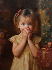 Wall Mural - Golden Moments: A Child's Pure Delight Shines Through as Warm Holiday Lights Dance in the Background of His Special Gift