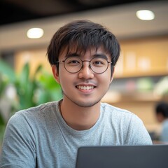 Poster - Smiling Young Asian Man with Glasses Using Laptop in Cafe, Modern Freelancer Working Remotely